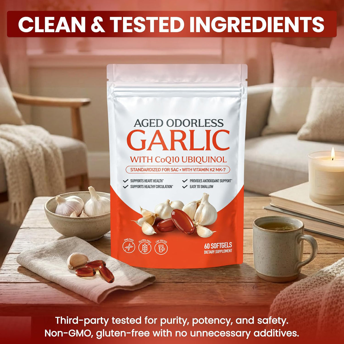 Third-party tested, non-GMO and gluten-free aged garlic softgels