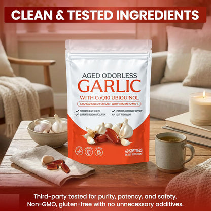 Third-party tested, non-GMO and gluten-free aged garlic softgels