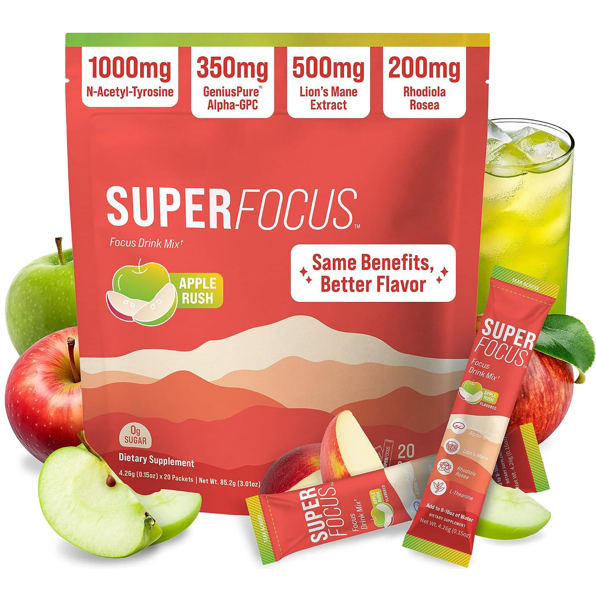 Nello Superfocus – Nootropic Focus Drink Mix for Productivity, L-Theanine, Rhodiola Rosea, Alpha-GPC, Lion’s Mane, Tyrosine, Sugar-Free Packets (20 Servings (Caffeine), Fruit Punch)