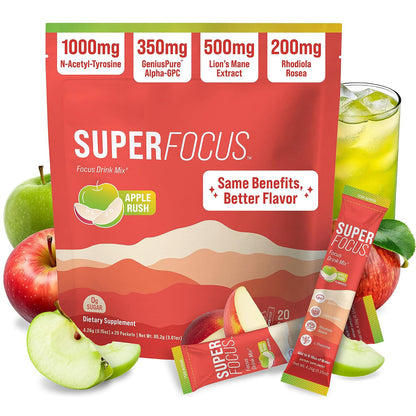 Nello Superfocus – Nootropic Focus Drink Mix for Productivity, L-Theanine, Rhodiola Rosea, Alpha-GPC, Lion’s Mane, Tyrosine, Sugar-Free Packets (20 Servings (Caffeine), Fruit Punch)