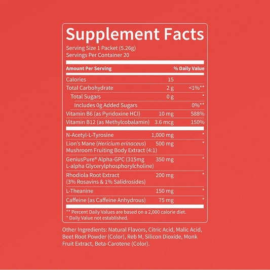 Nello Superfocus – Nootropic Focus Drink Mix for Productivity, L-Theanine, Rhodiola Rosea, Alpha-GPC, Lion’s Mane, Tyrosine, Sugar-Free Packets (20 Servings (Caffeine), Fruit Punch)