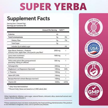 ZOOONE Super Yerba Mate tea Instant Powder 30 Packets- Raspberry Lemonade Flavor | Servings Clean Energy & Focus Boost Brain Fog Buster| Gut Support, Antioxidants
