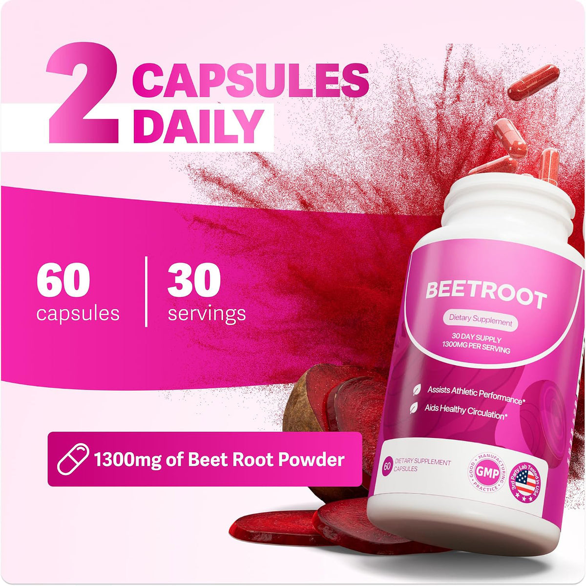 Two capsule daily serving with 1,300mg beet root powder