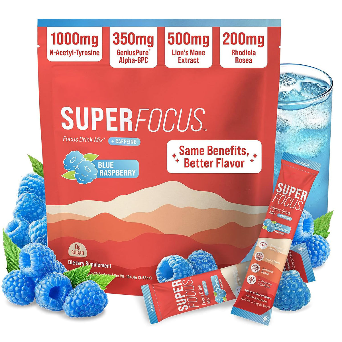 Nello Superfocus – Nootropic Focus Drink Mix for Productivity, L-Theanine, Rhodiola Rosea, Alpha-GPC, Lion’s Mane, Tyrosine, Sugar-Free Packets (20 Servings (Caffeine), Fruit Punch)