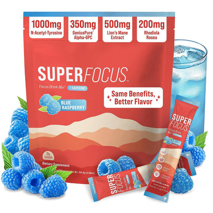Nello Superfocus – Nootropic Focus Drink Mix for Productivity, L-Theanine, Rhodiola Rosea, Alpha-GPC, Lion’s Mane, Tyrosine, Sugar-Free Packets (20 Servings (Caffeine), Fruit Punch)