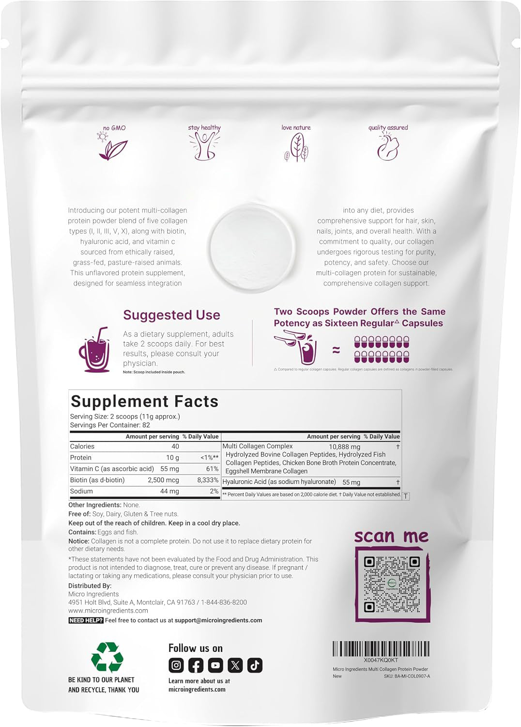 Micro Ingredients Multi Collagen Peptides Powder, 2lb (82 Servings)