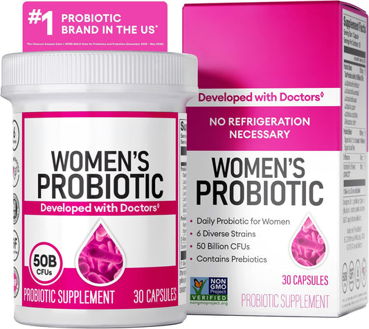Women's probiotic bottle and carton with 50 billion CFU callout