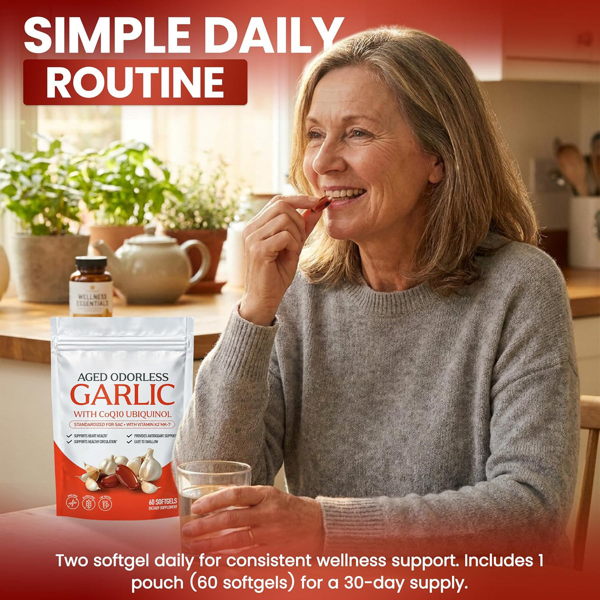 Woman taking an aged garlic softgel at the breakfast table