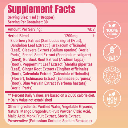 LeeFar Cutting Drops – Lymphatic-Focused Debloat Formula with Dandelion, Cleavers, Burdock & Elderberry for Lymphatic Drainage, Bloat Relief, Digestive Comfort and Detox – Mango Dragonfruit Flavor, 30 Servings