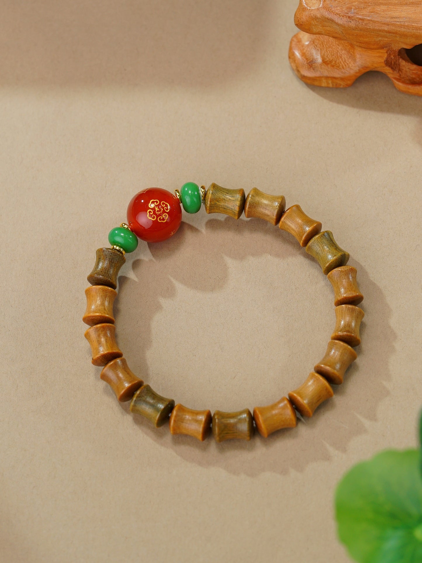 VerdantStrand Green Sandalwood & Agate Bamboo Amulet Bracelet