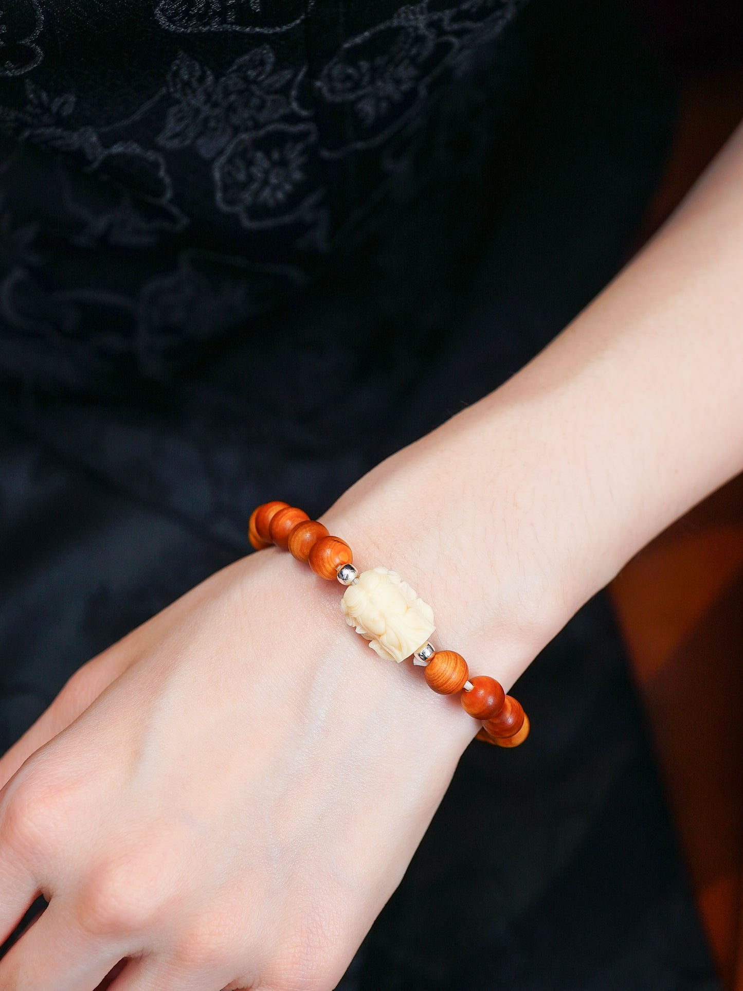 VerdantStrand Cypress Wood & Ivory Fruit Fox Amulet Bracelet