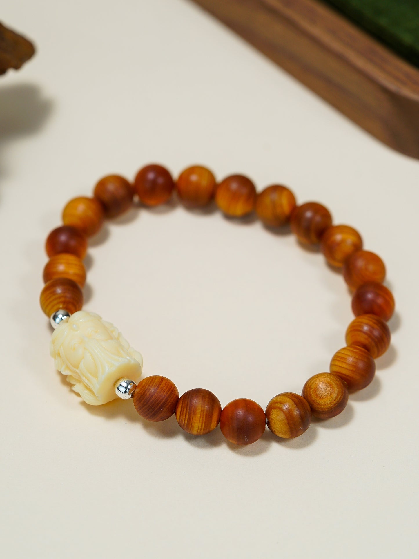 VerdantStrand Cypress Wood & Ivory Fruit Fox Amulet Bracelet