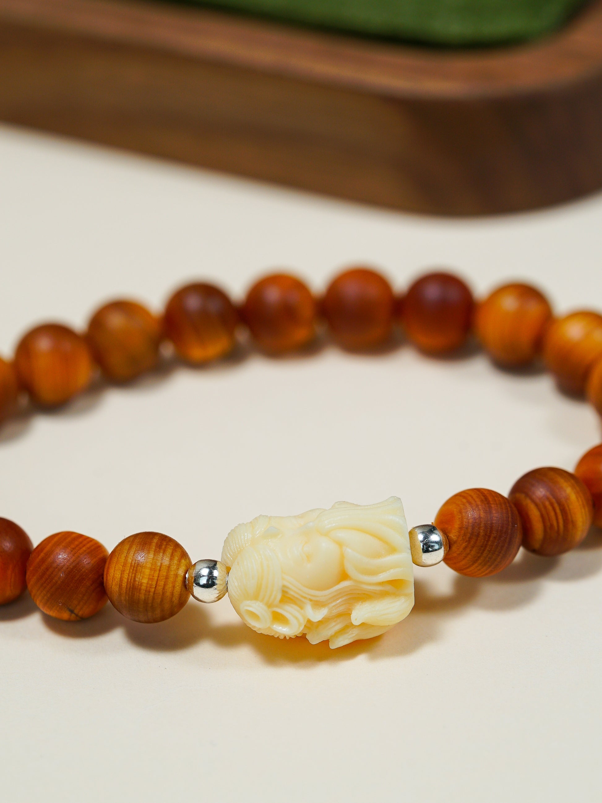 VerdantStrand Cypress Wood & Ivory Fruit Fox Amulet Bracelet