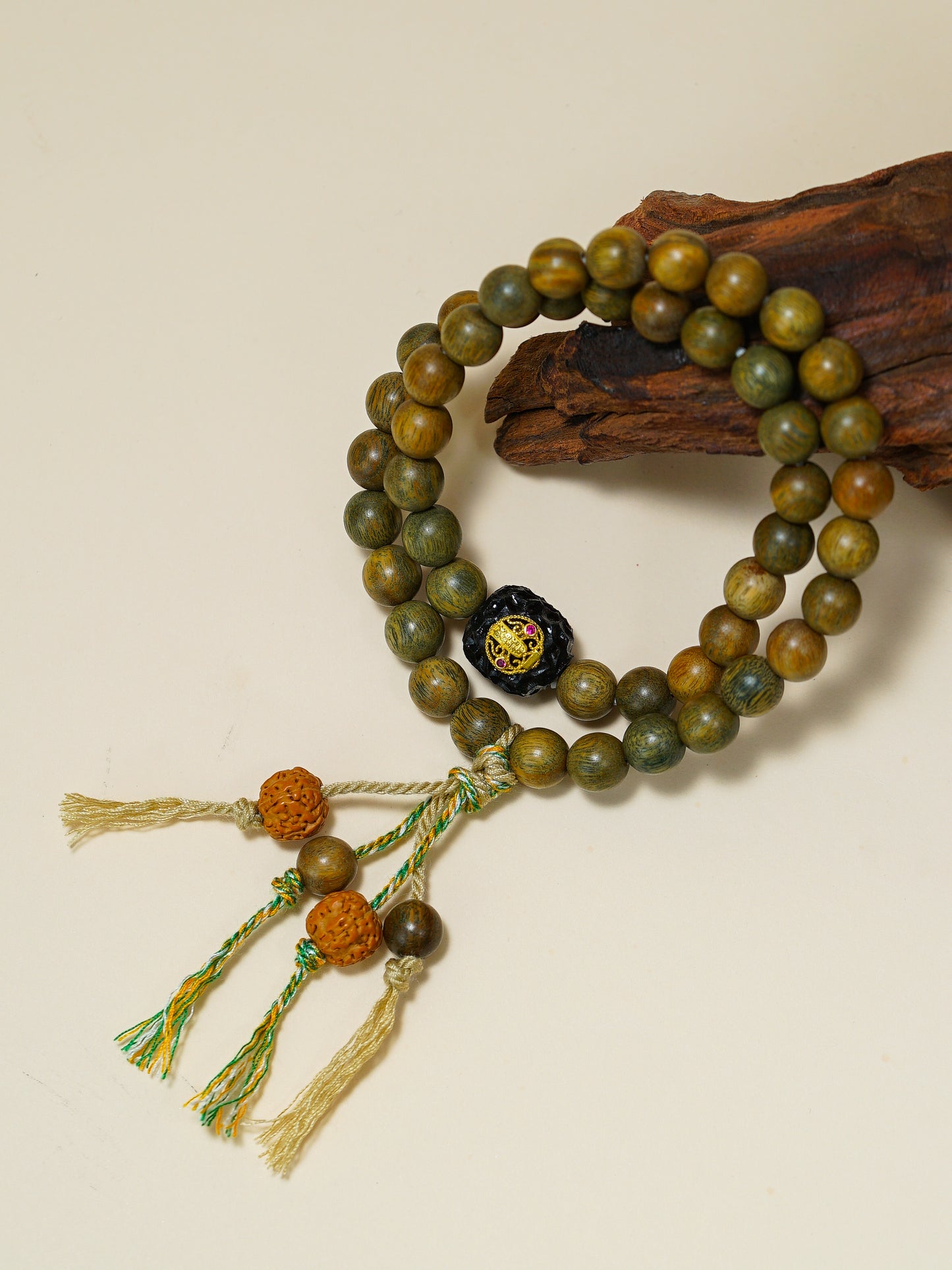 VerdantStrand Green Sandalwood & Five Wealth Gods Amulet Bracelet