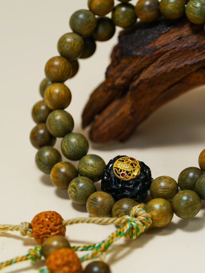 VerdantStrand Green Sandalwood & Five Wealth Gods Amulet Bracelet