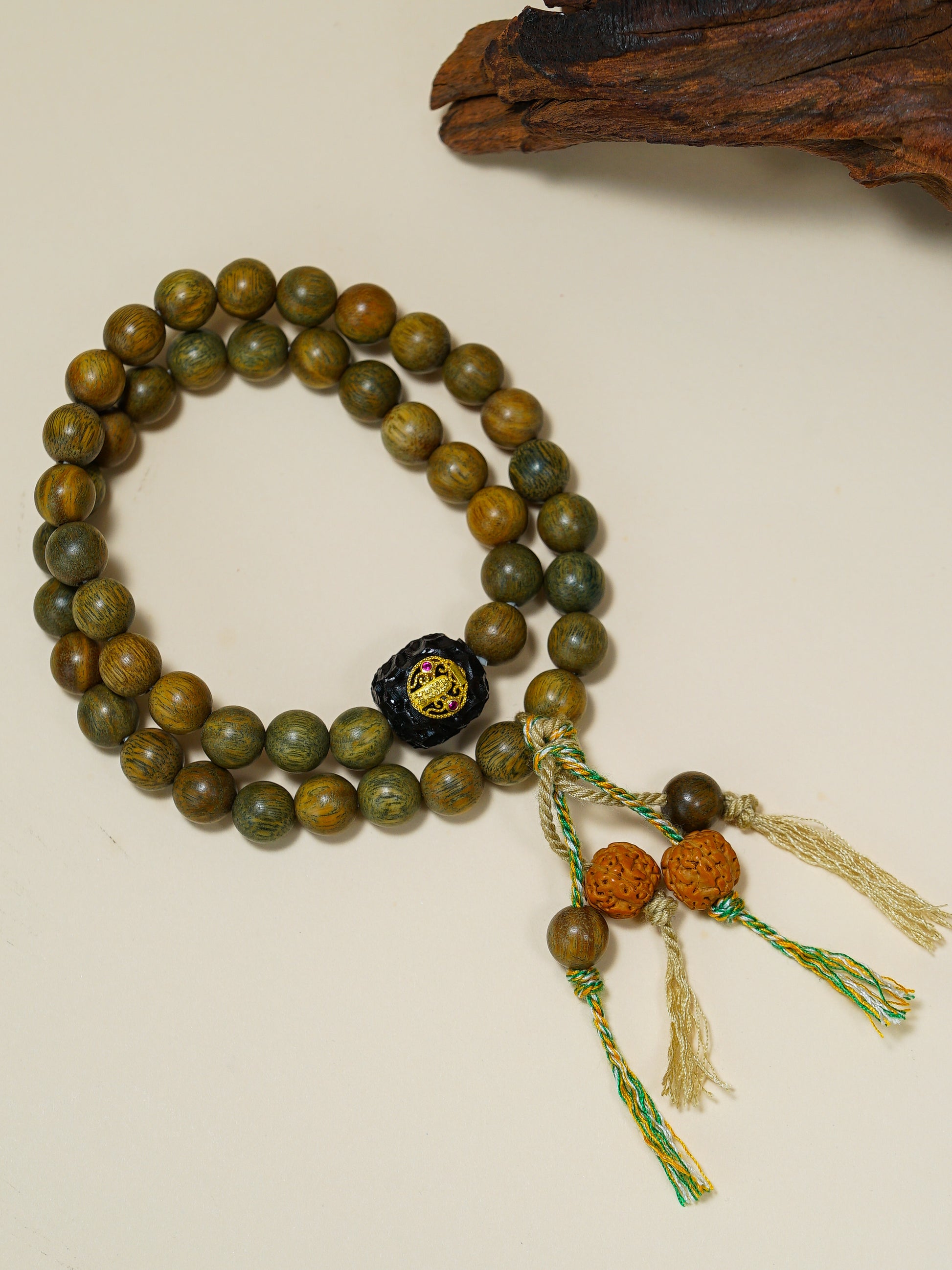 VerdantStrand Green Sandalwood & Five Wealth Gods Amulet Bracelet