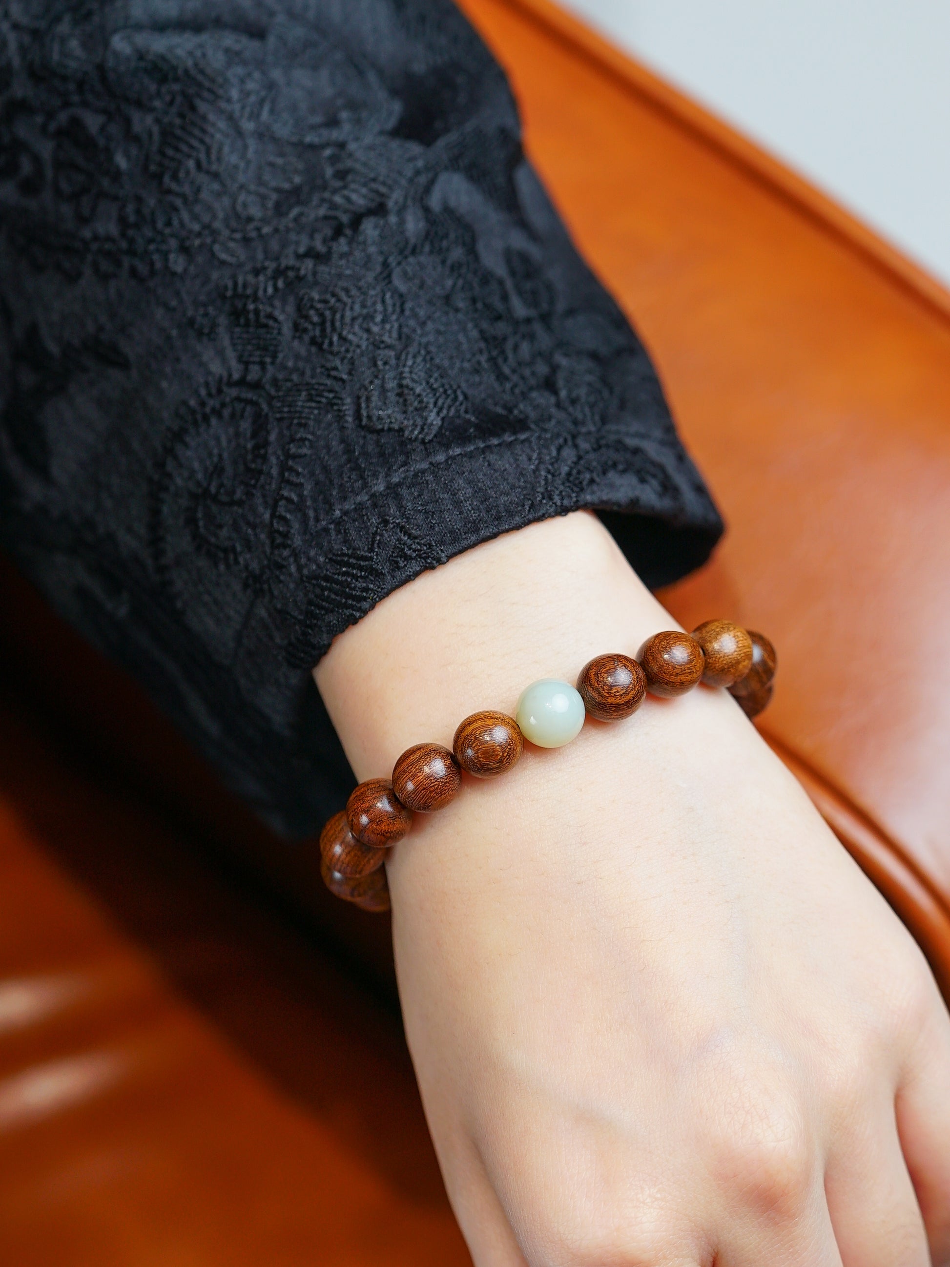 VerdantStrand Golden Sandalwood & Hetian Jade Amulet Bracelet