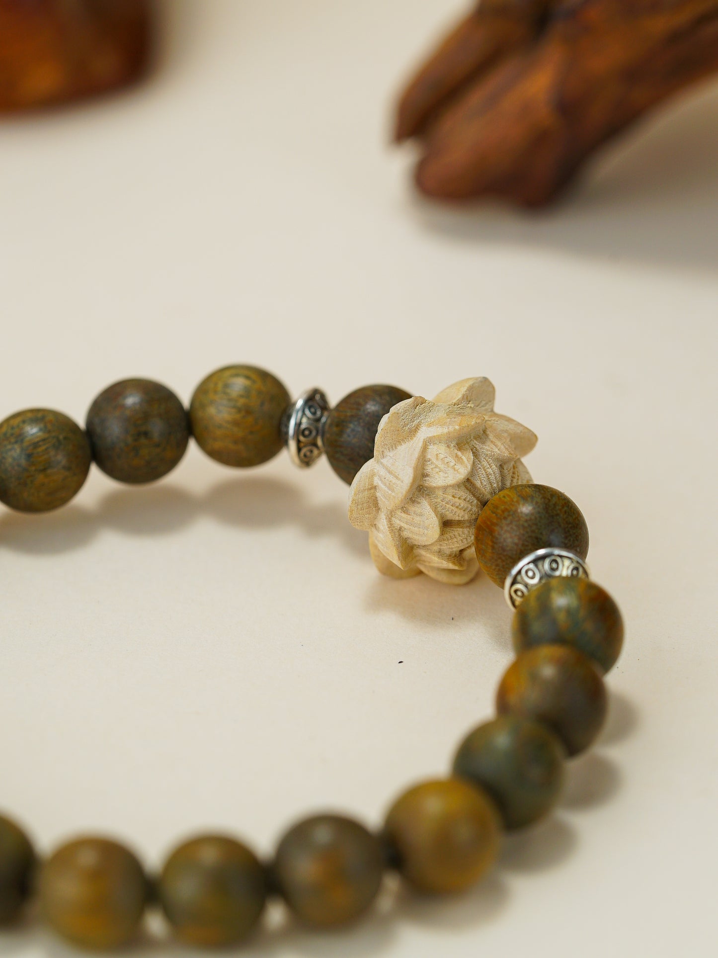 VerdantStrand Green Sandalwood & Lotus Flower Bracelet
