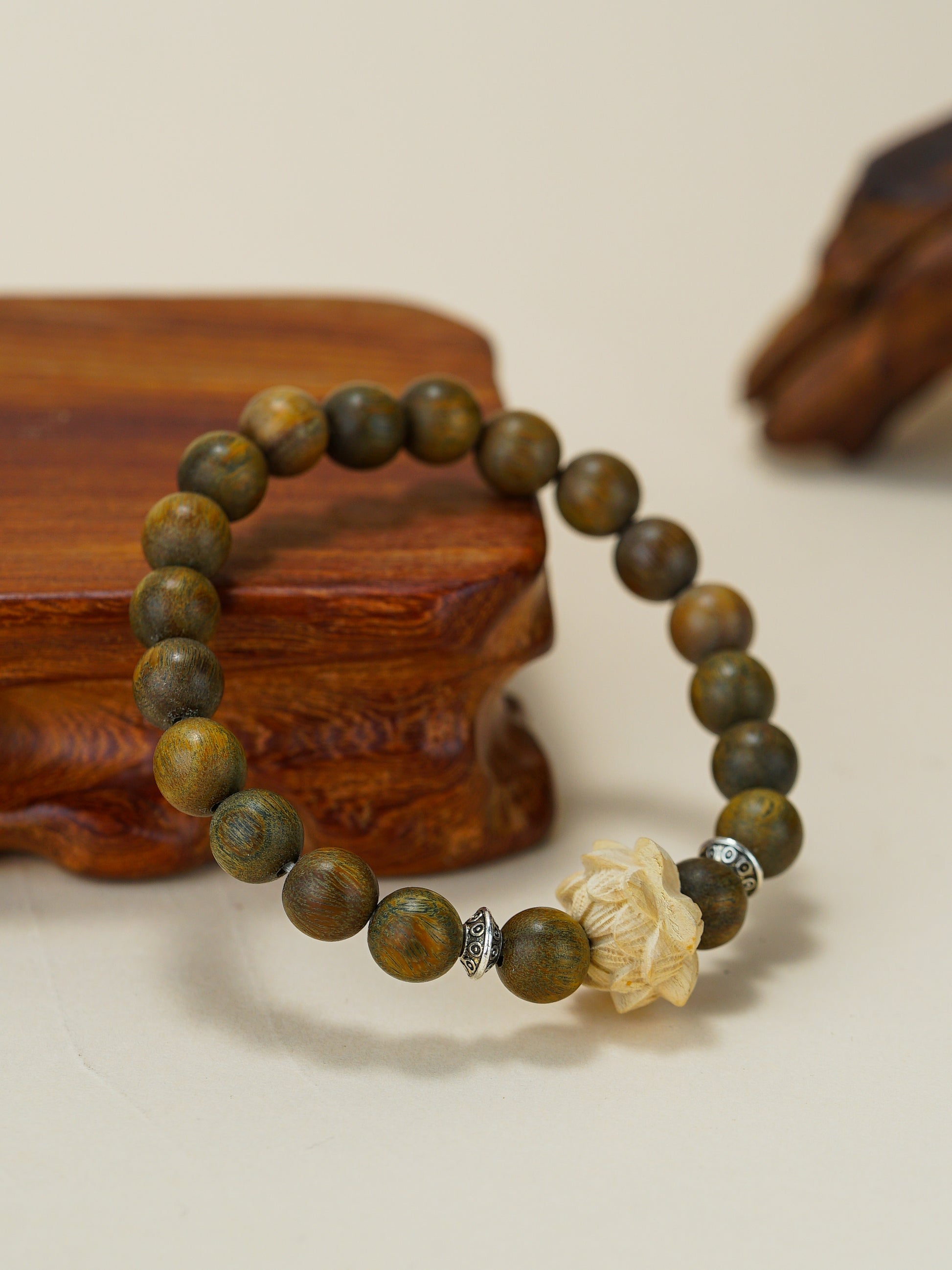 VerdantStrand Green Sandalwood & Lotus Flower Bracelet