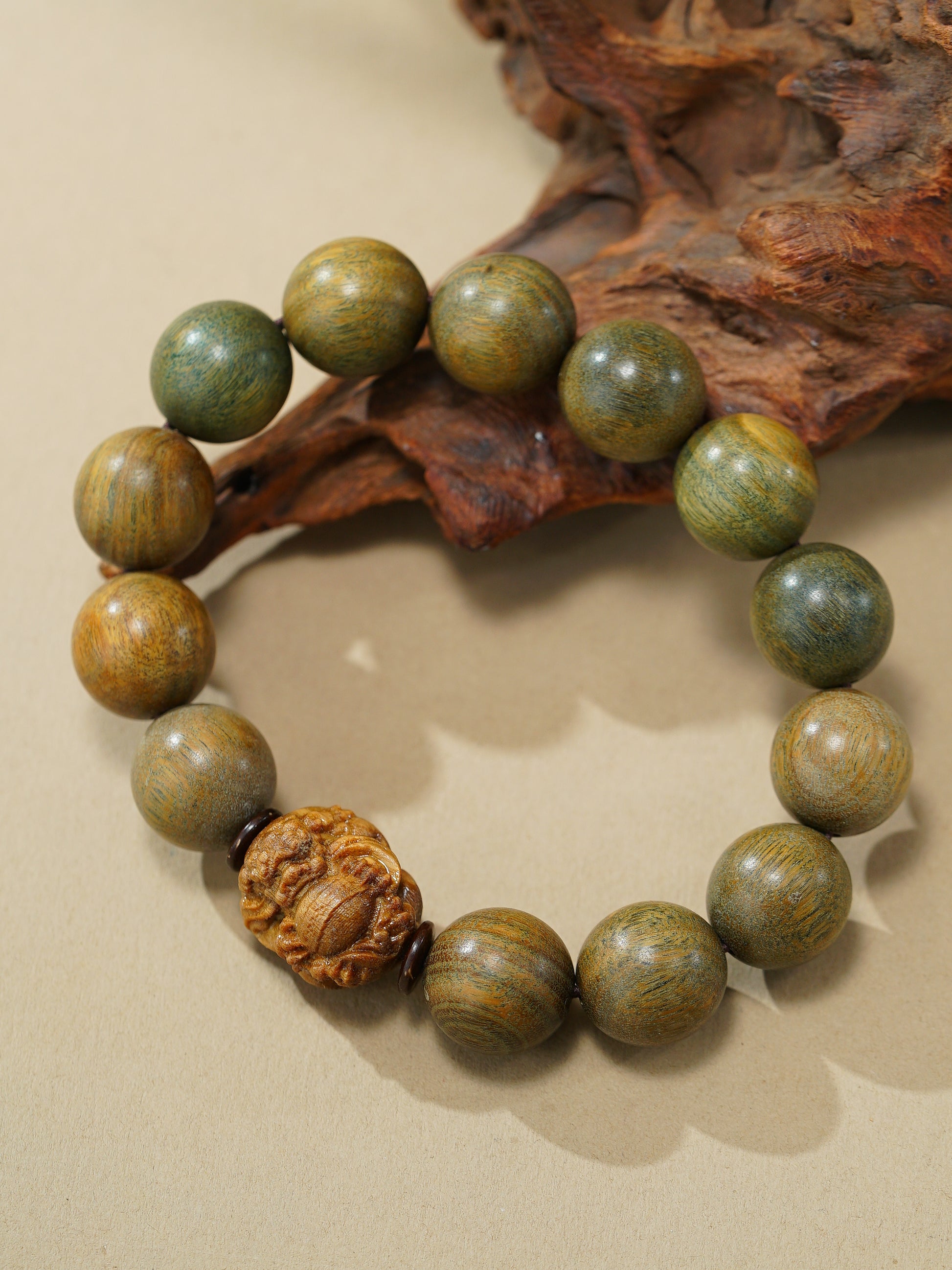 VerdantStrand Green Sandalwood & Lion Amulet Bracelet