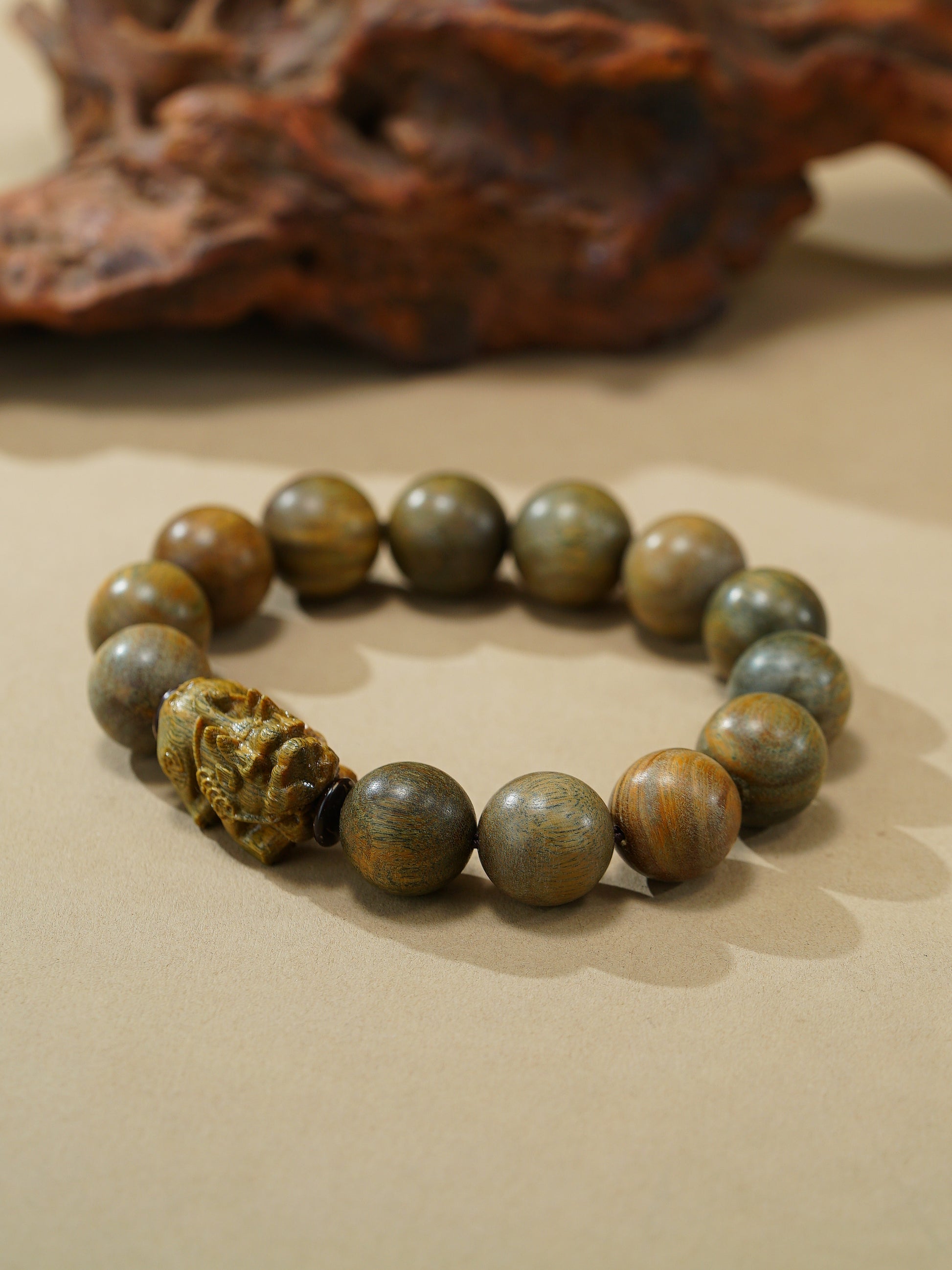 VerdantStrand Green Sandalwood & Pixiu Amulet Bracelet