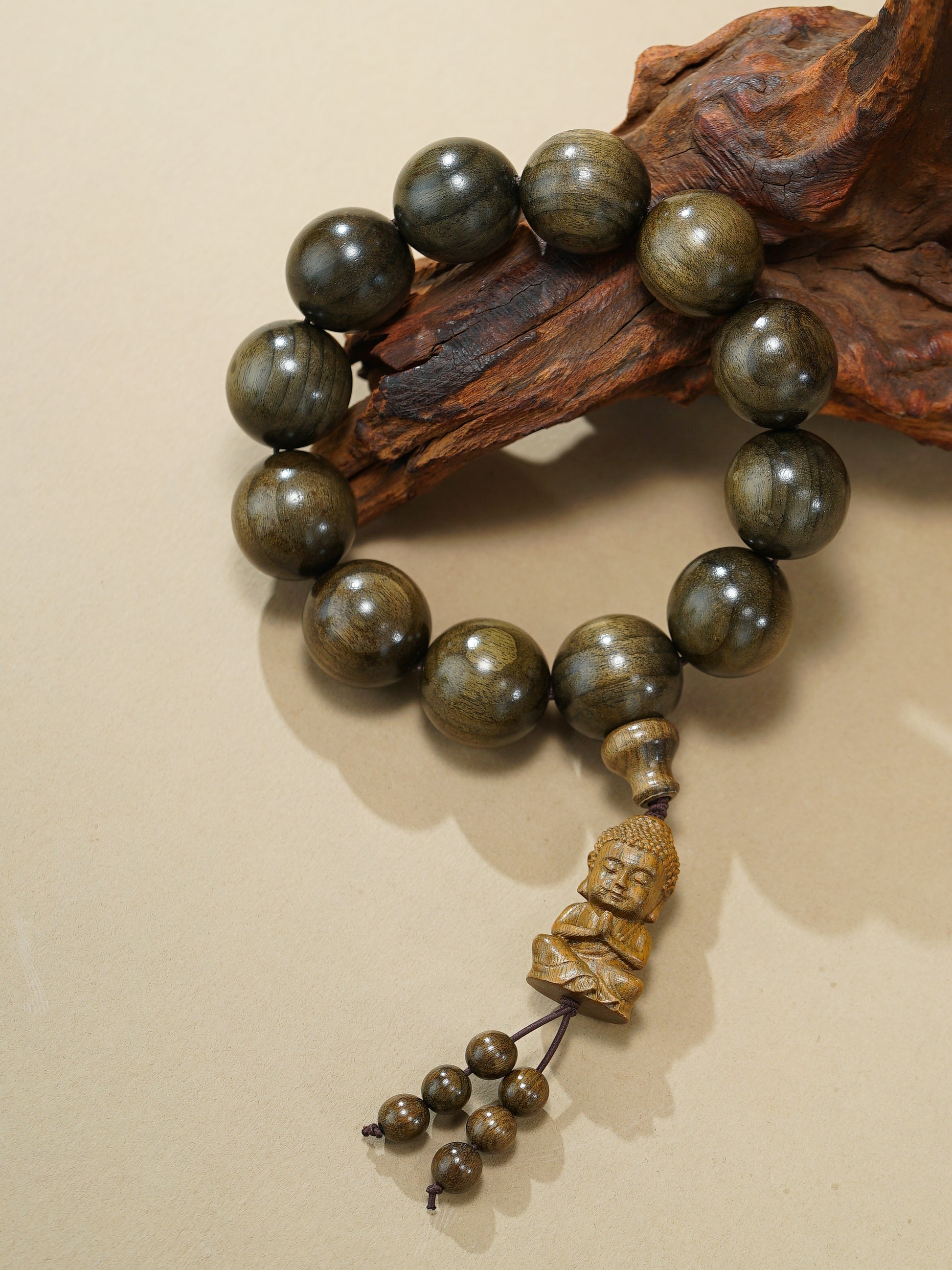 VerdantStrand Petrified Phoebe Wood & Laughing Buddha Amulet Bracelet