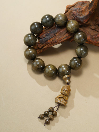 VerdantStrand Petrified Phoebe Wood & Laughing Buddha Amulet Bracelet