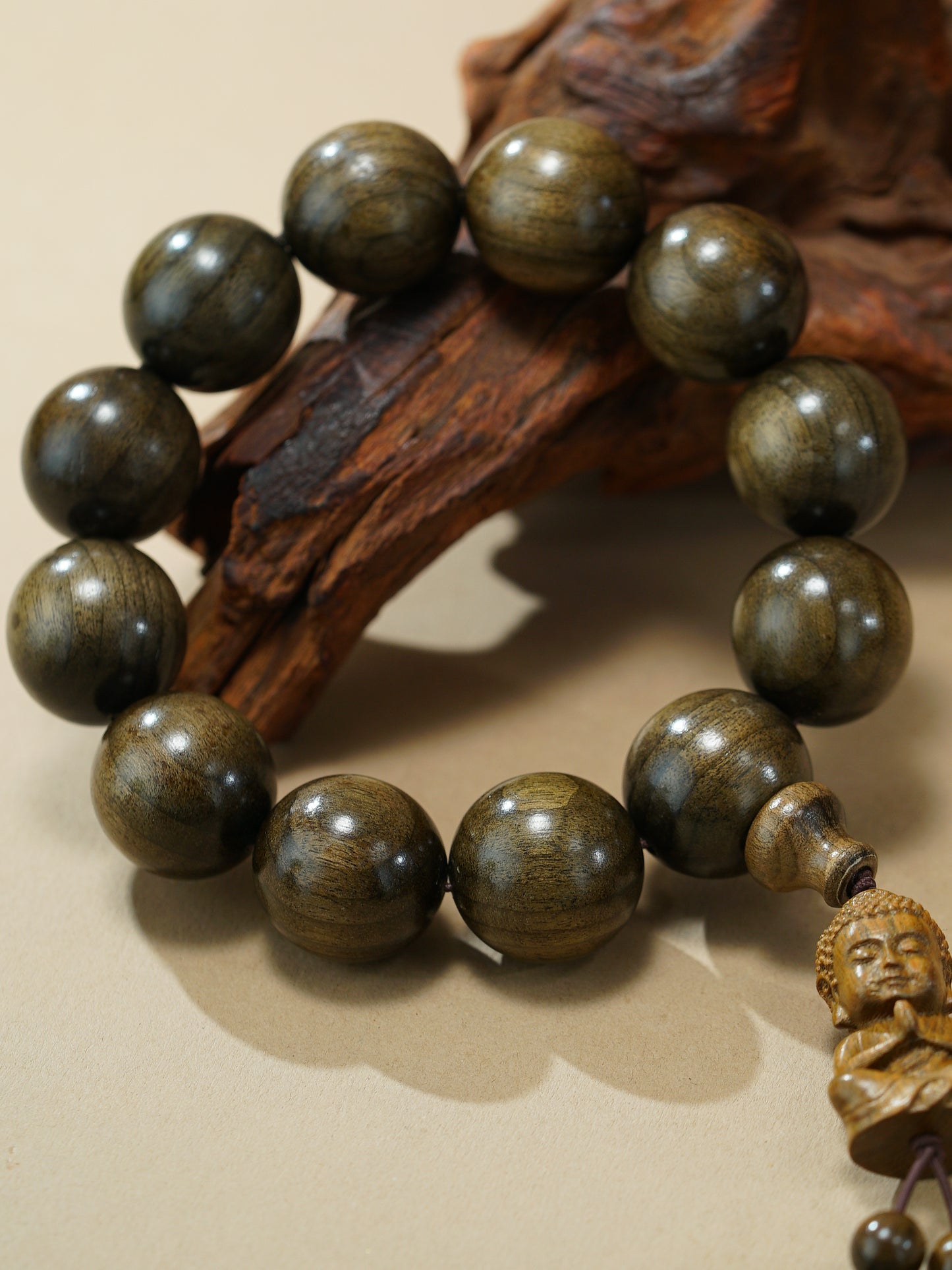 VerdantStrand Petrified Phoebe Wood & Laughing Buddha Amulet Bracelet