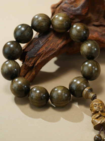 VerdantStrand Petrified Phoebe Wood & Laughing Buddha Amulet Bracelet