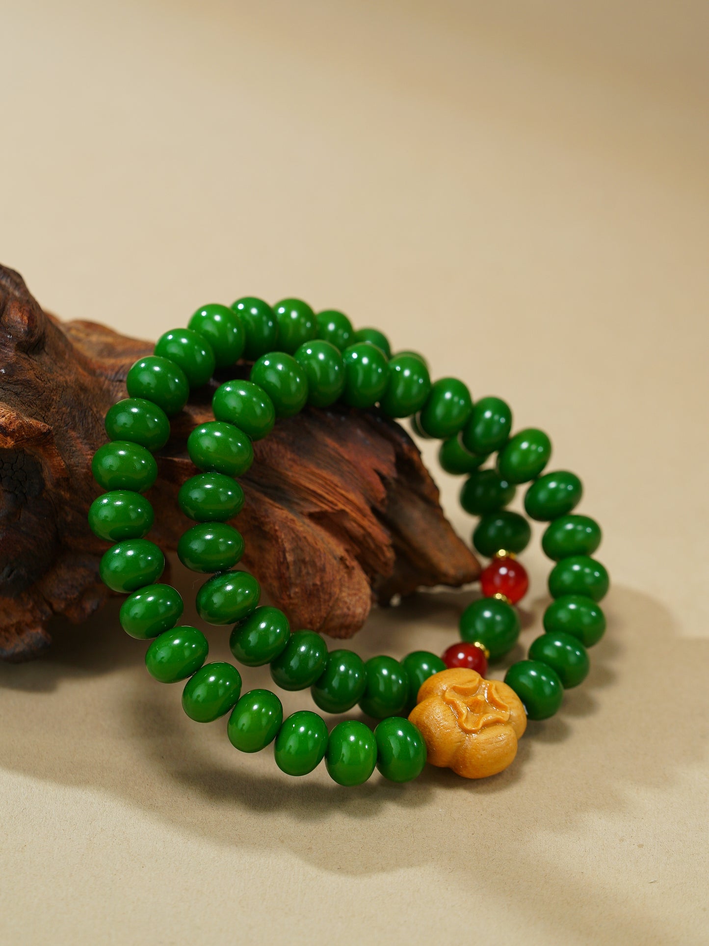 VerdantStrand Green Bodhi Seed & Persimmon Amulet Bracelet