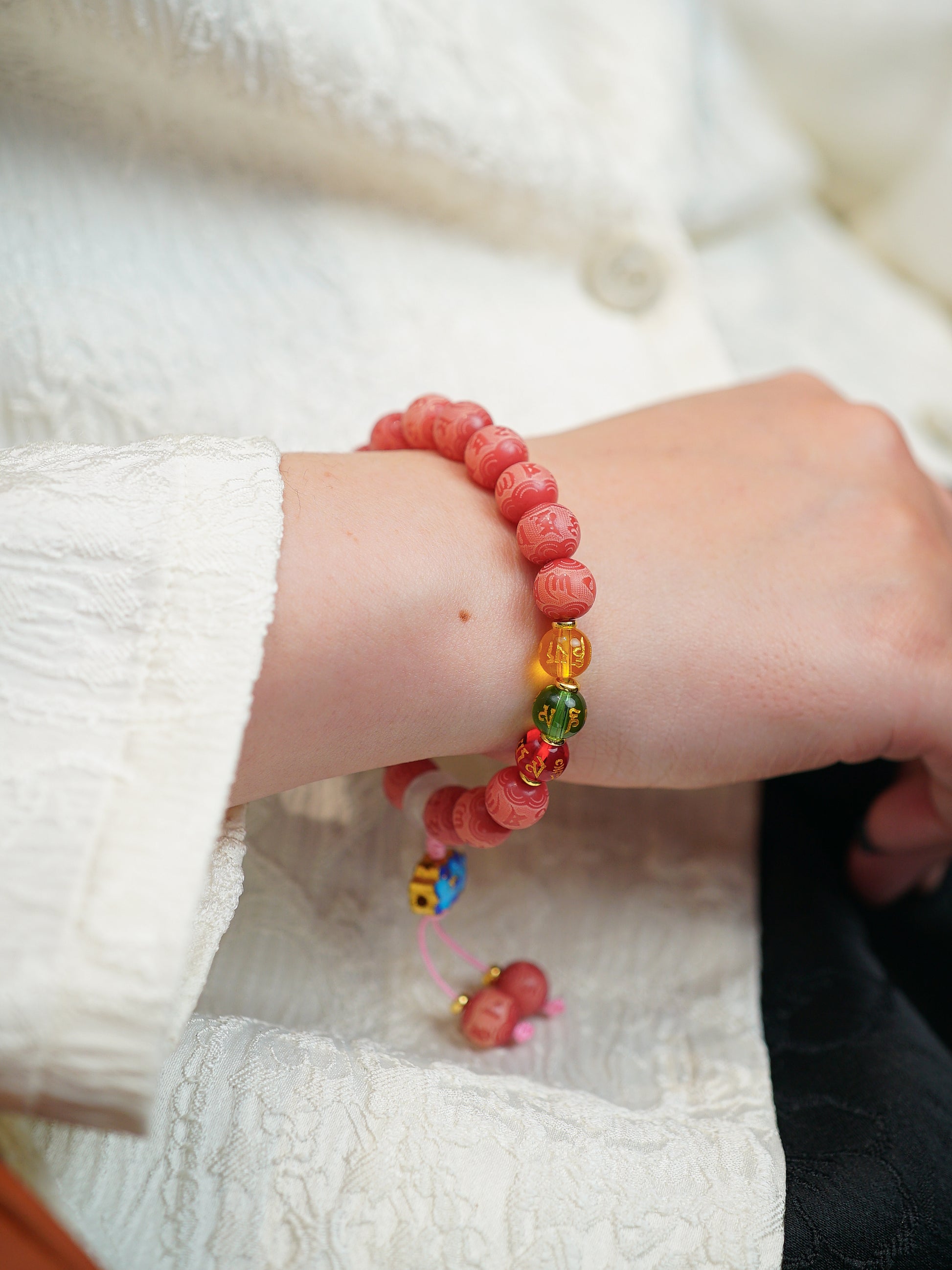 VerdantStrand Pink Bodhi Seed & Mantra Amulet Bracelet