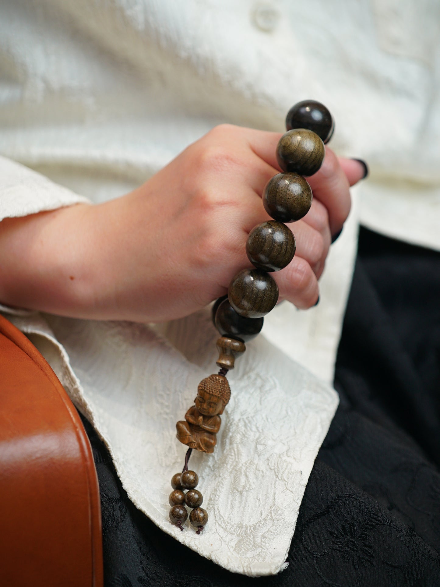 VerdantStrand Petrified Phoebe Wood & Laughing Buddha Amulet Bracelet