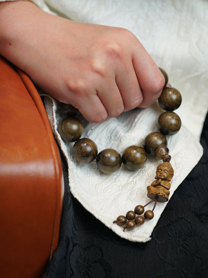 VerdantStrand Petrified Phoebe Wood & Laughing Buddha Amulet Bracelet