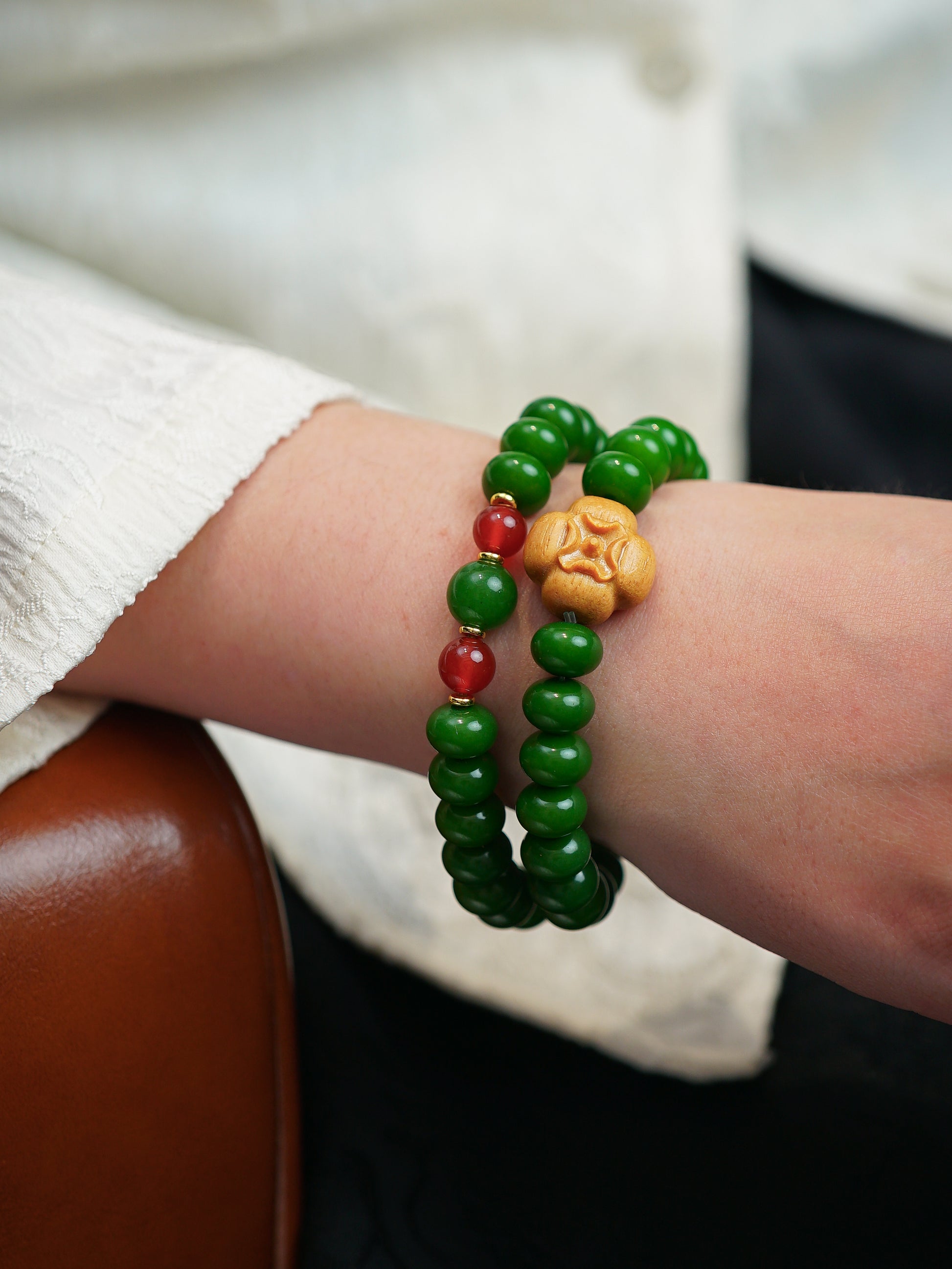 VerdantStrand Green Bodhi Seed & Persimmon Amulet Bracelet