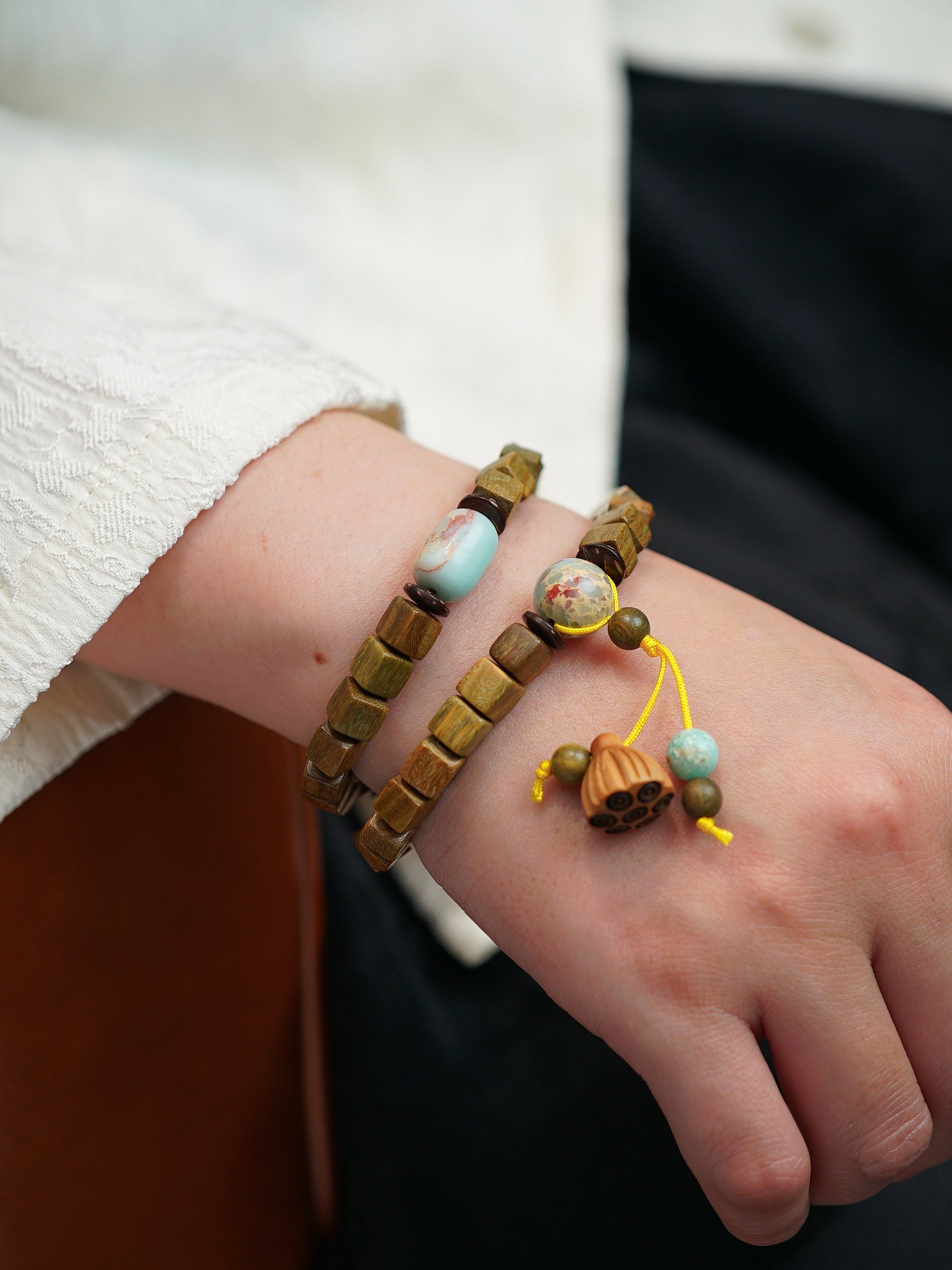 VerdantStrand Green Sandalwood & Lotus Pod Amulet Bracelet