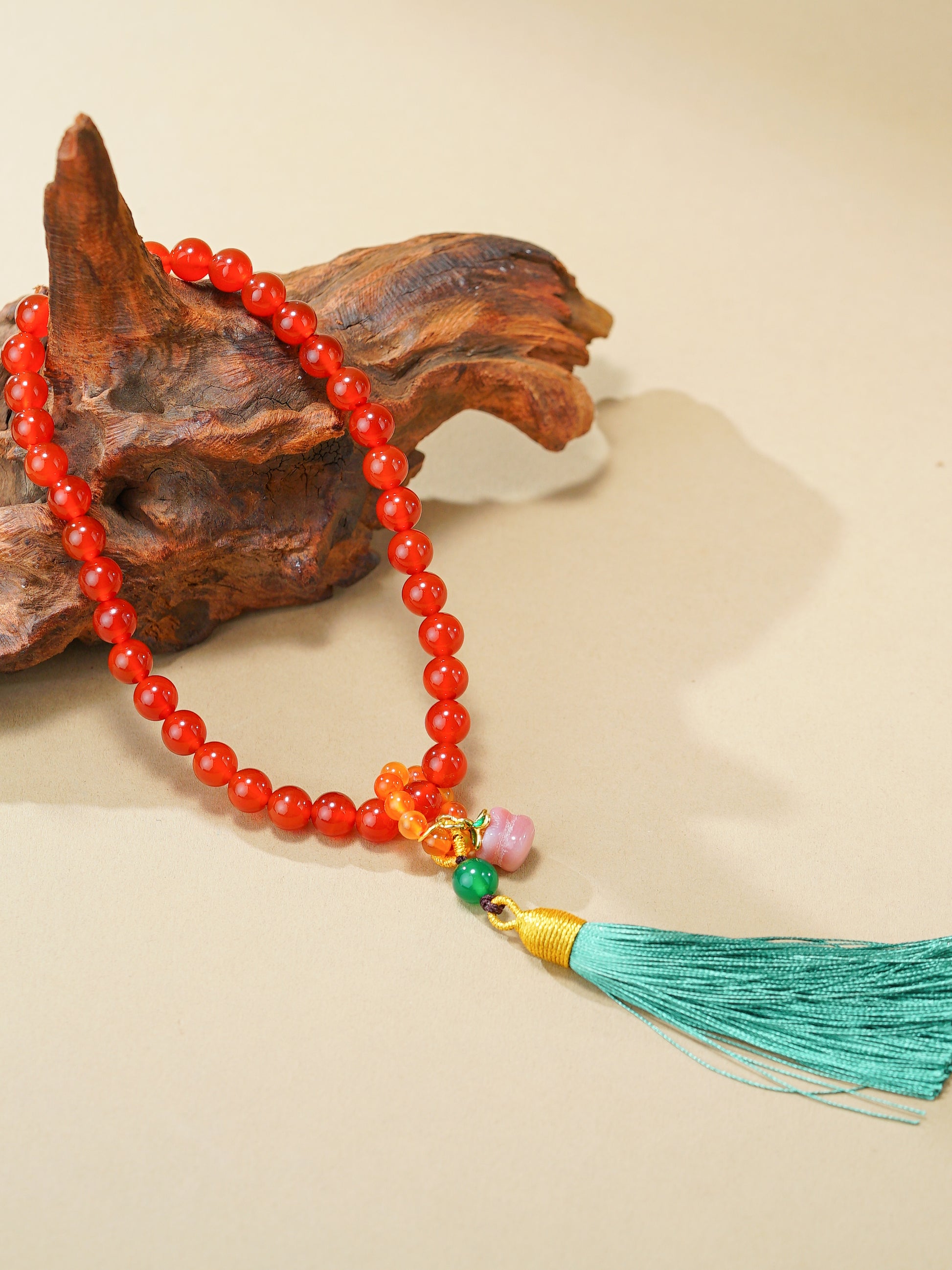 VerdantStrand Red Agate 36-Bead Amulet Bracelet