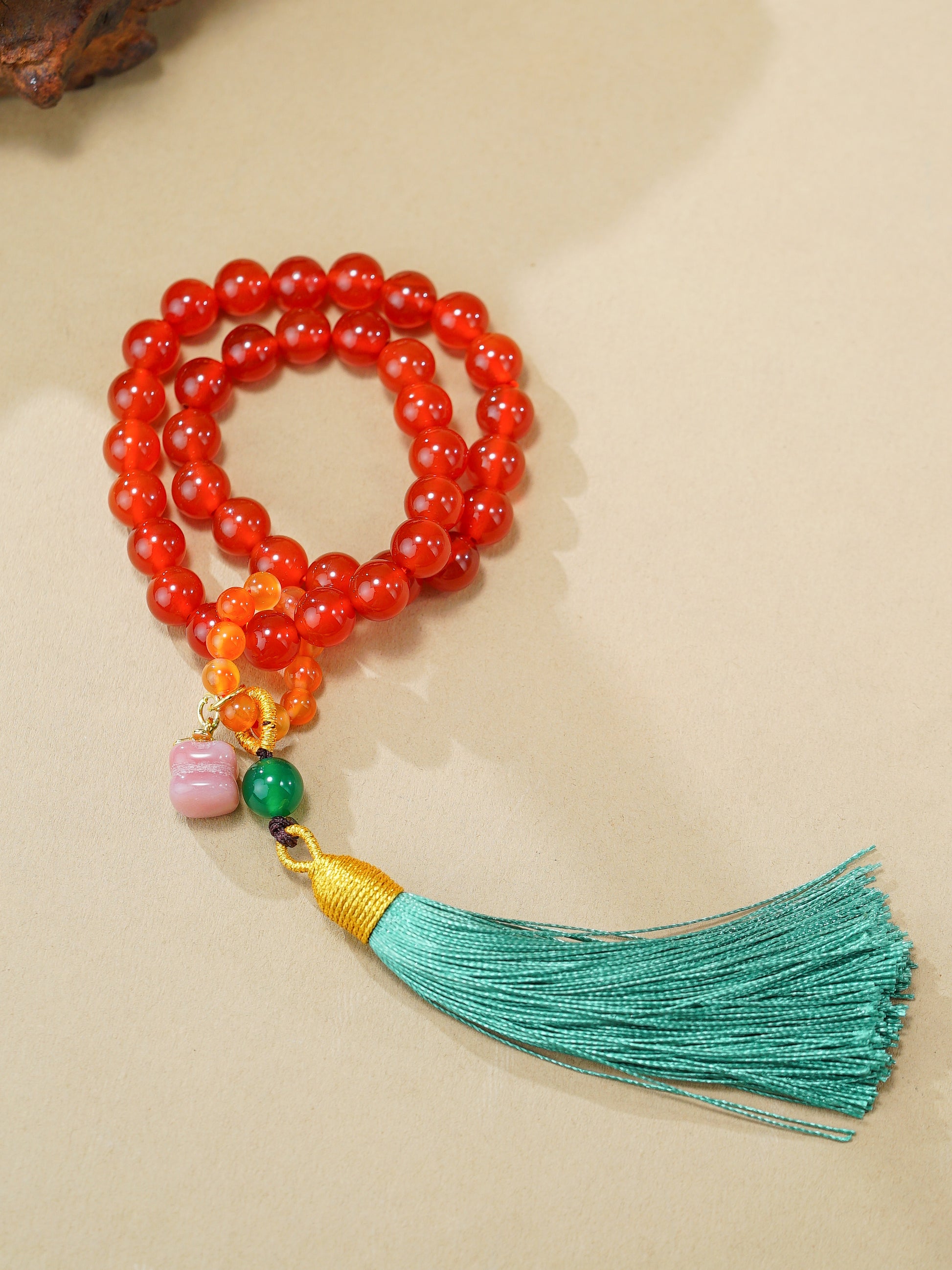 VerdantStrand Red Agate 36-Bead Amulet Bracelet