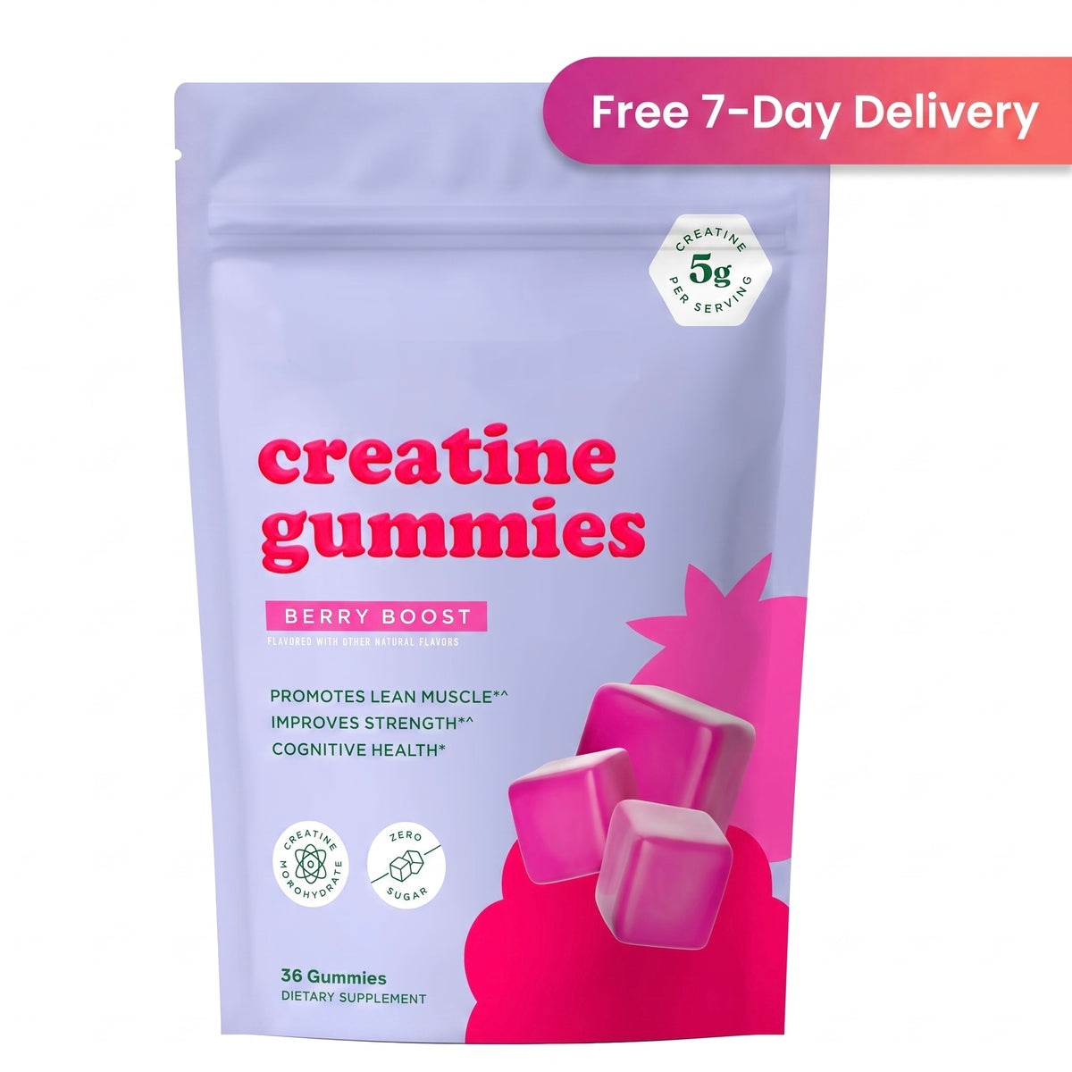 Sugar-Free Creatine Monohydrate Gummies – 5,000mg Daily Performance & Focus Chews (Mixed Berry, 36ct)