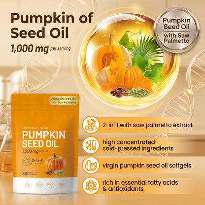 Organic Cold-Pressed Pumpkin Seed Oil & Saw Palmetto Softgels (3,000mg Complex – 300 Count)