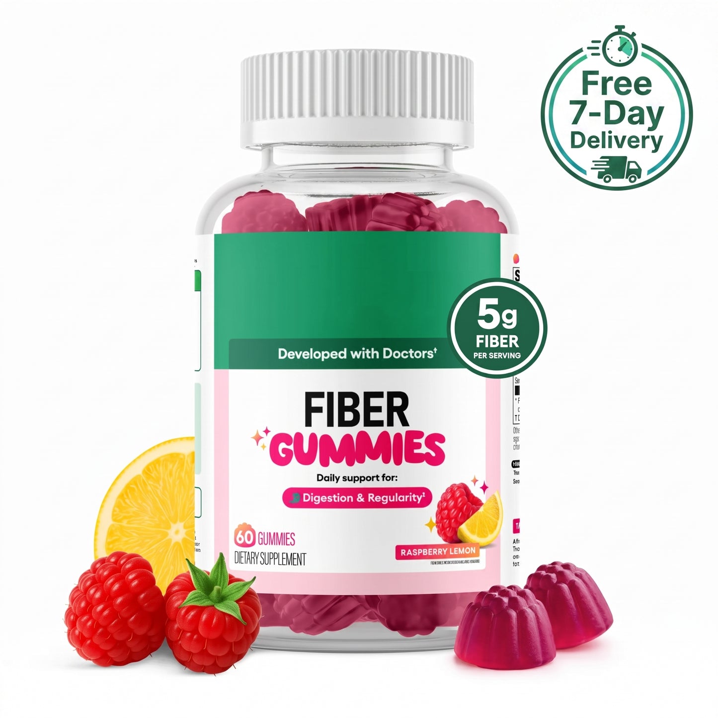 Fiber Gummies – 5g Prebiotic Fiber, 0g Sugar, Vegan, Raspberry Lemon, 60 Gummies