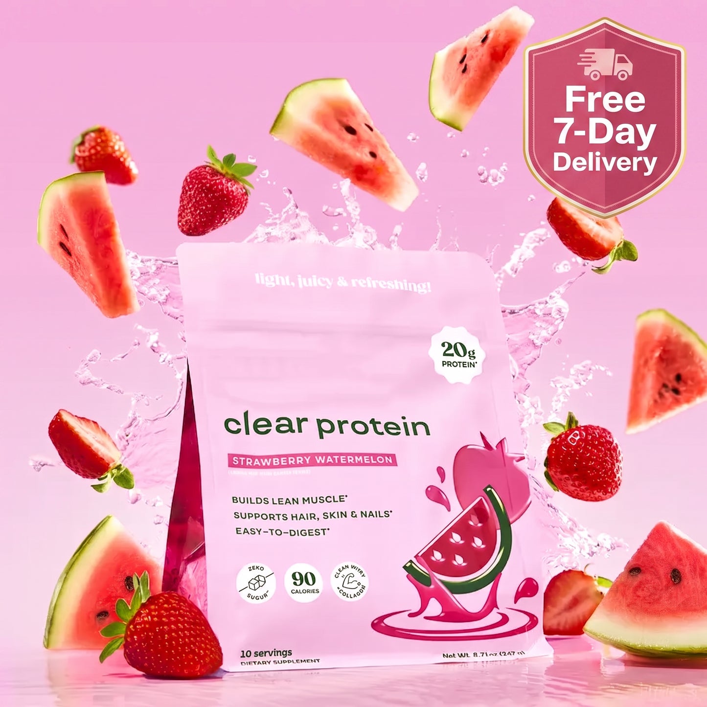 Clear Whey Protein Isolate Powder – 20g Protein, Collagen & Digestive Enzymes (Strawberry Watermelon, 10 Servings)