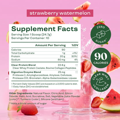 Clear Whey Protein Isolate Powder – 20g Protein, Collagen & Digestive Enzymes (Strawberry Watermelon, 10 Servings)