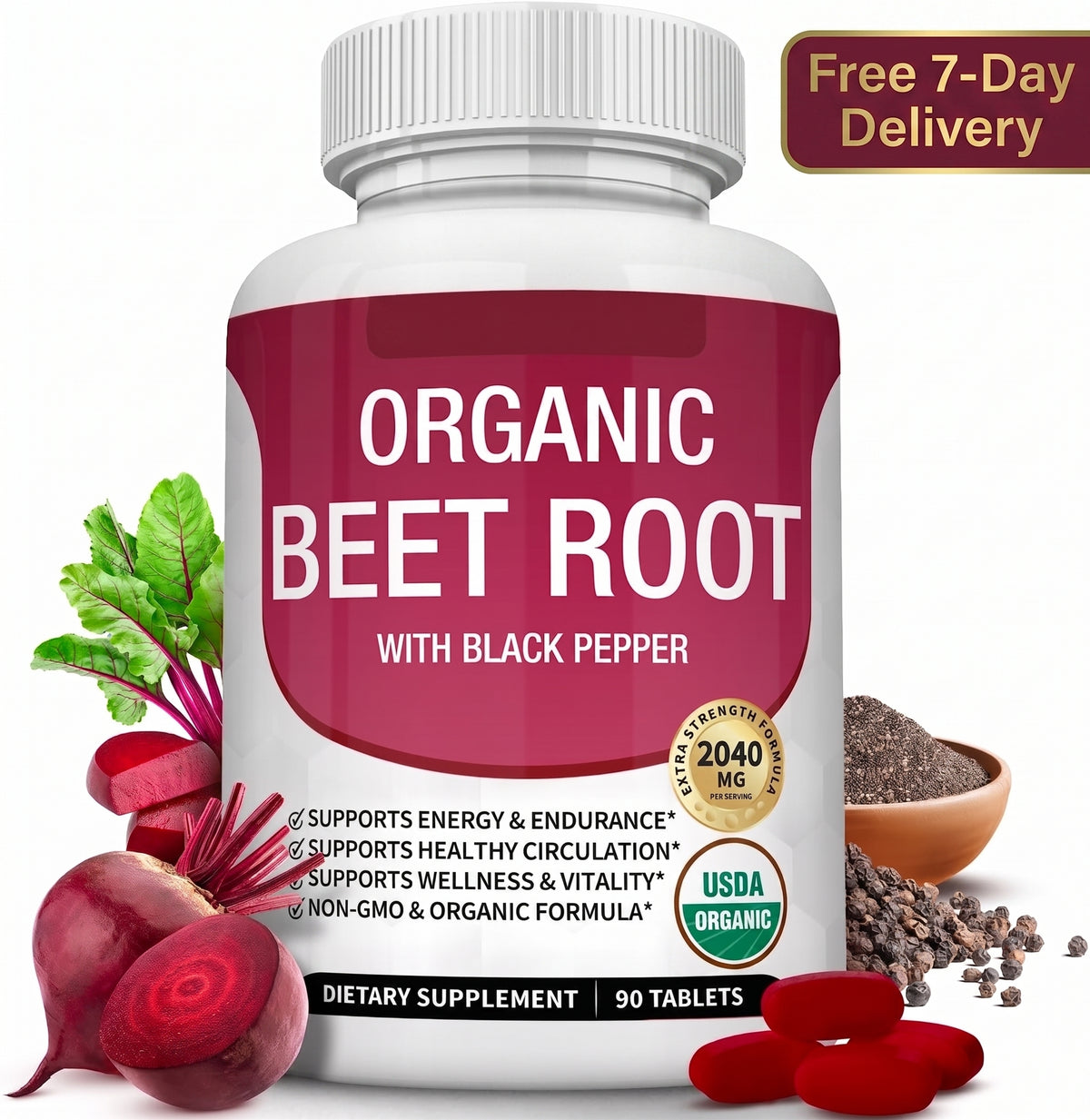 Organic Beet Root Tablets 2040mg – Plant-Based Superfood with Black Pepper Extract for Daily Vitality & Energy (90 Tablets)