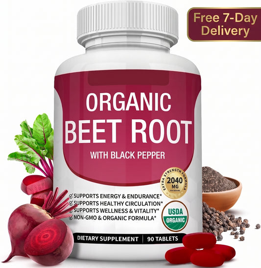 Organic Beet Root Tablets 2040mg – Plant-Based Superfood with Black Pepper Extract for Daily Vitality & Energy (90 Tablets)
