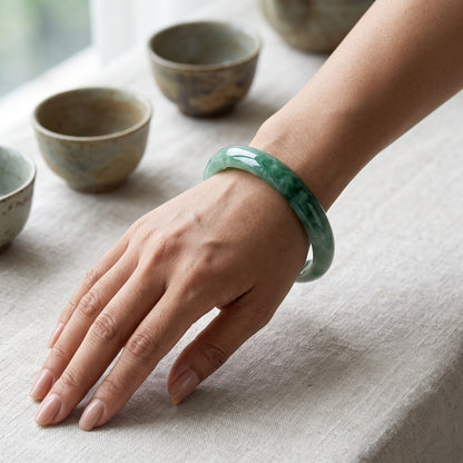 Natural Jade Fortune Blessing Bangle Bracelet - Green Jadeite Jewelry for Women