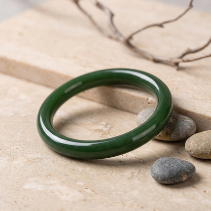 Deep Green Jade Bangle Bracelet - Natural Nephrite Stone for Longevity & Blessing