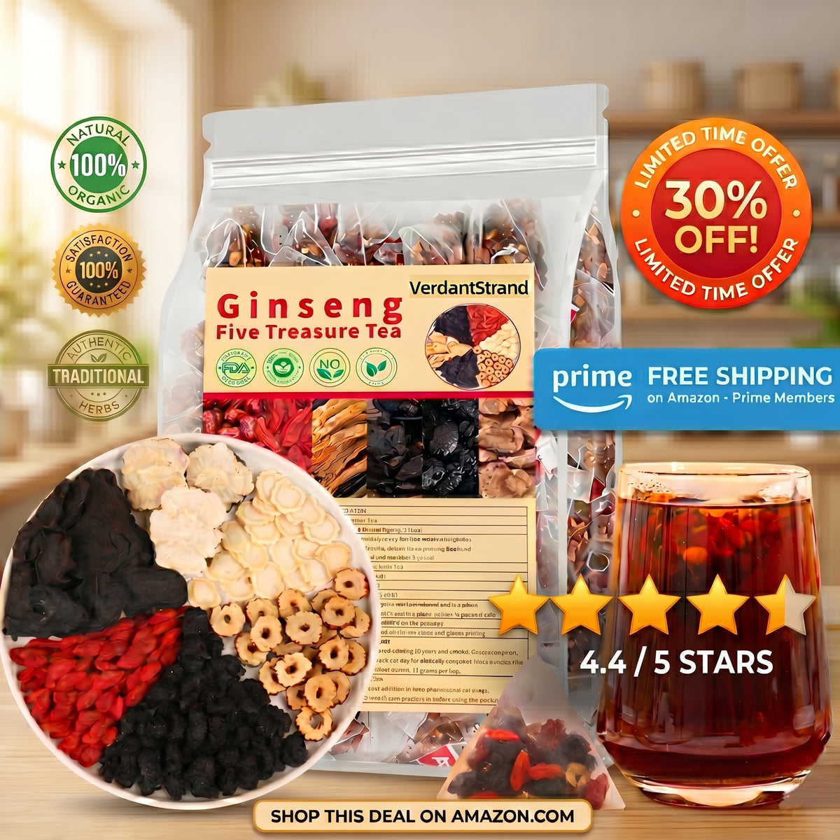 Kidney Tea Formula Ginseng Six Treasure Tea Now Exclusive 30% Off on Amazon,(1 Pack/25 Bags)