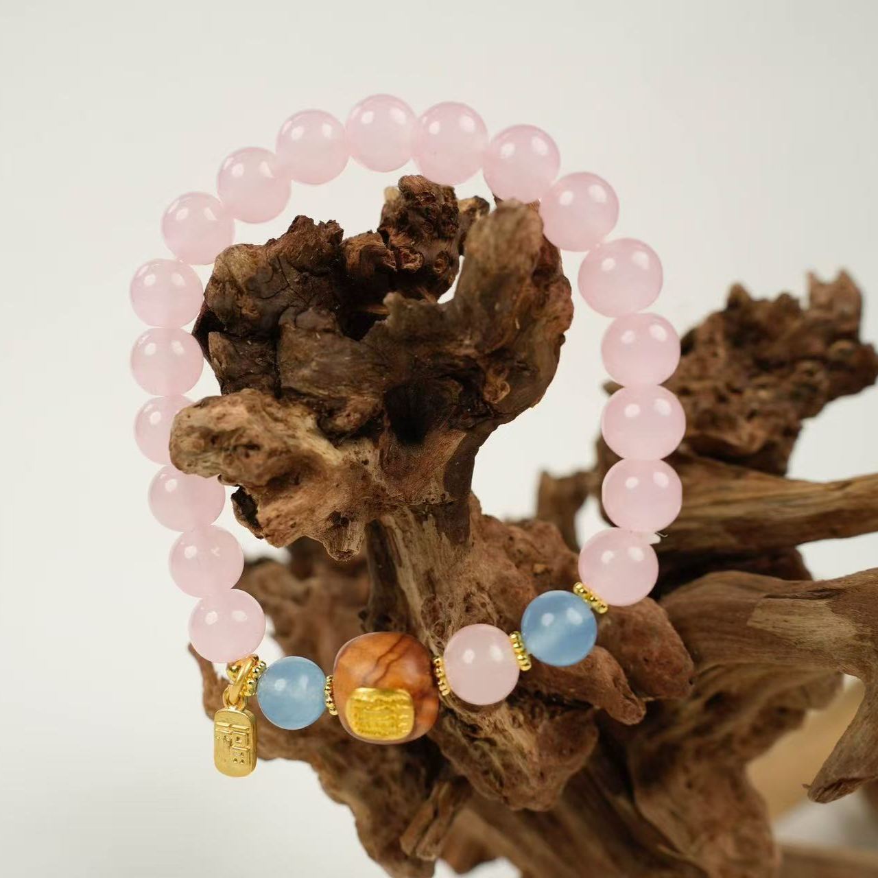 Scripted Harmony Bracelet: Pink Agate & Cliff Cypress with Five Mantras