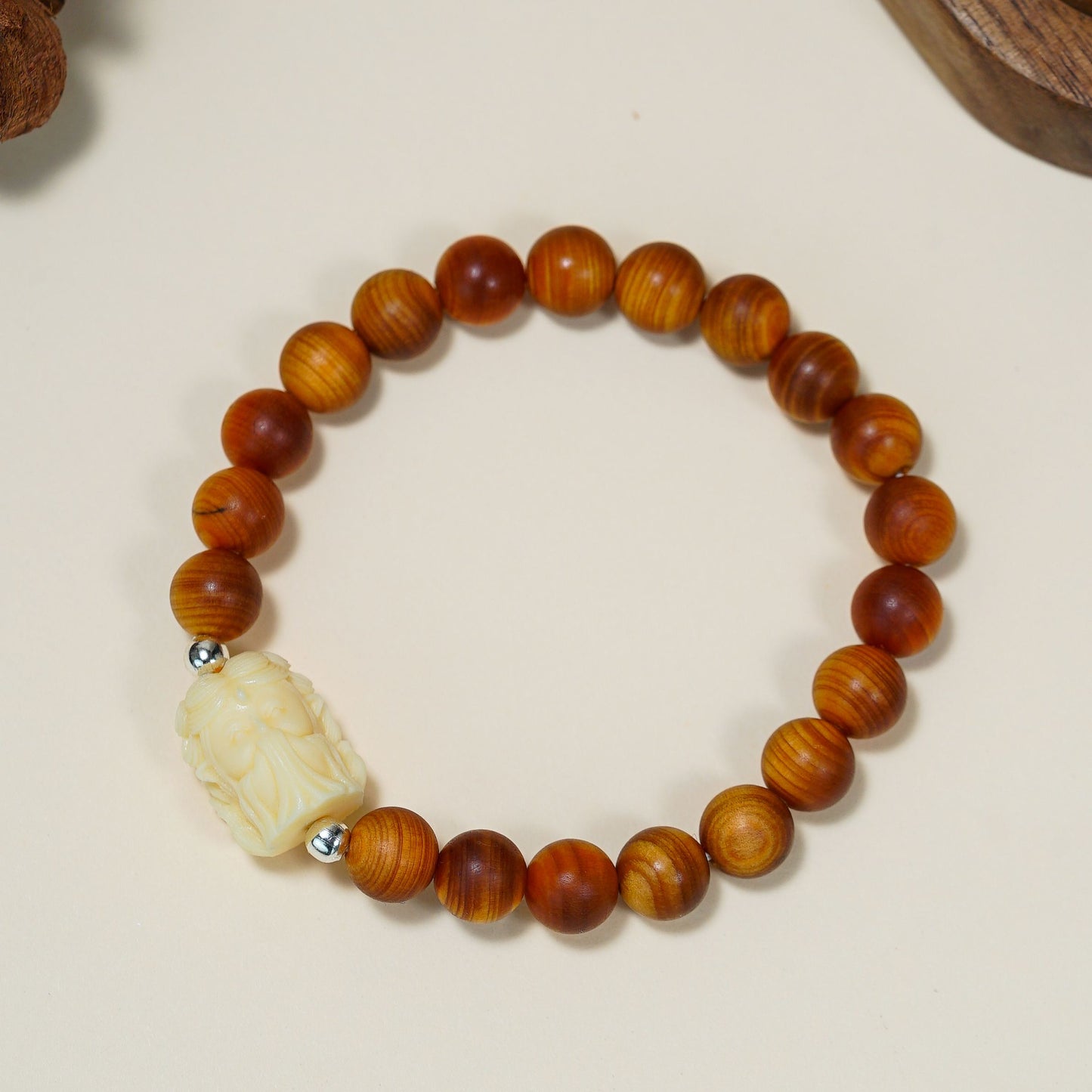 VerdantStrand Cypress Wood & Ivory Fruit Fox Amulet Bracelet