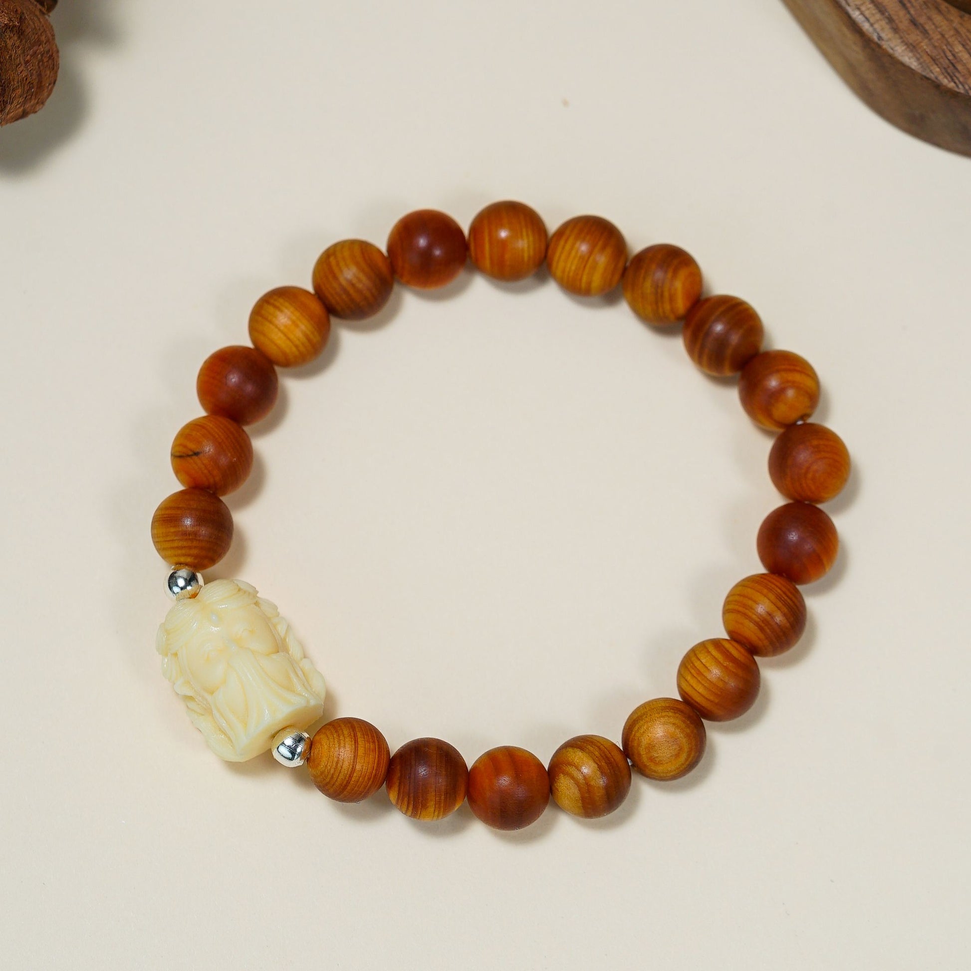 VerdantStrand Cypress Wood & Ivory Fruit Fox Amulet Bracelet